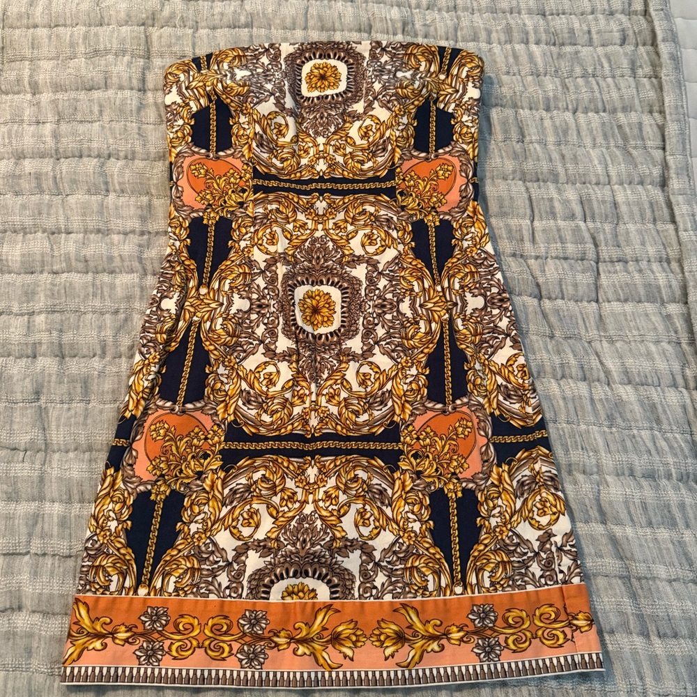 Laundry By Shelli Segal Strapless Dress with Orange and Navy Patterns